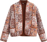 Omoone Women's Cropped Floral Quilted Jacket Brown
