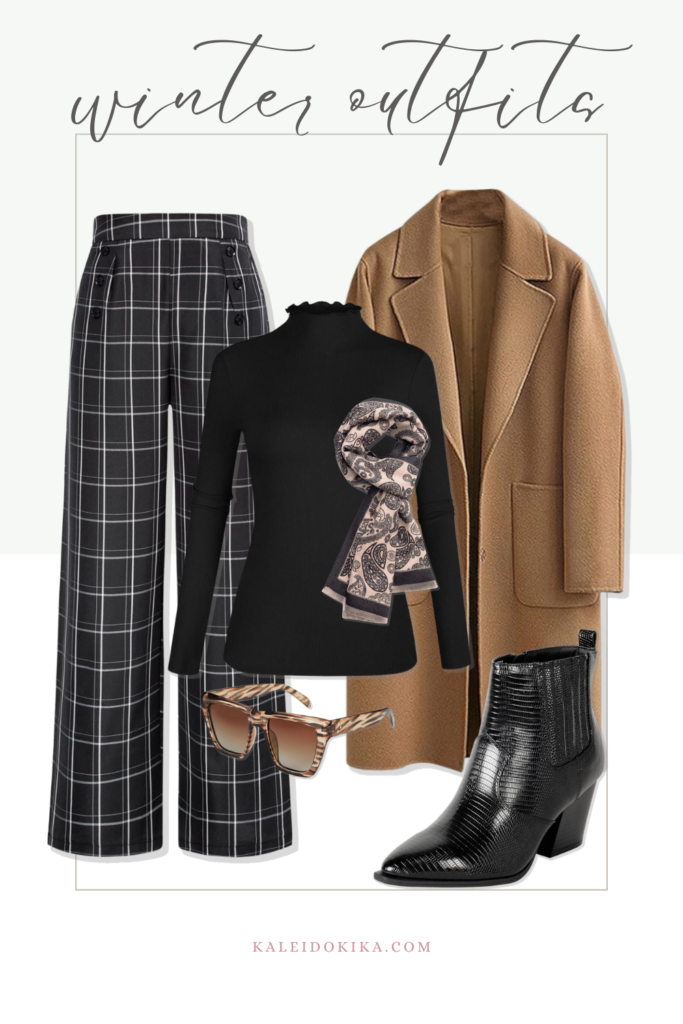 Outfit idea for winter with a camel coat, black turtleneck, classy pants and accessories