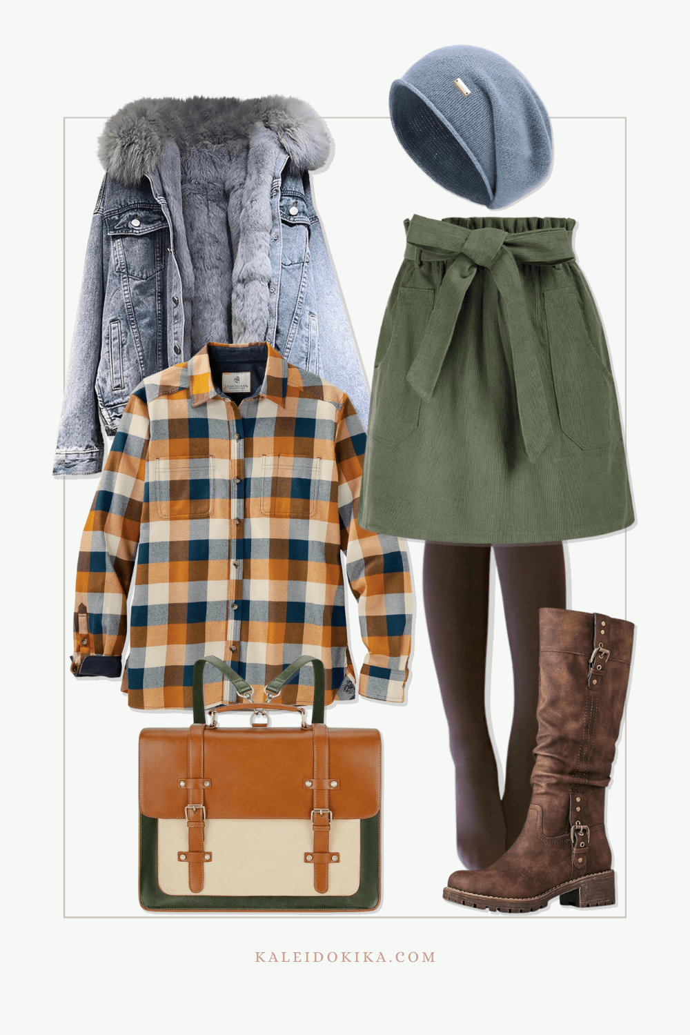 A winter outfit idea with these elements: Sherpa-lined denim jacket, flannel shirt, corduroy skirt, and knee-high boots with warm tighs, a cute slouchy beanie and a backpack.