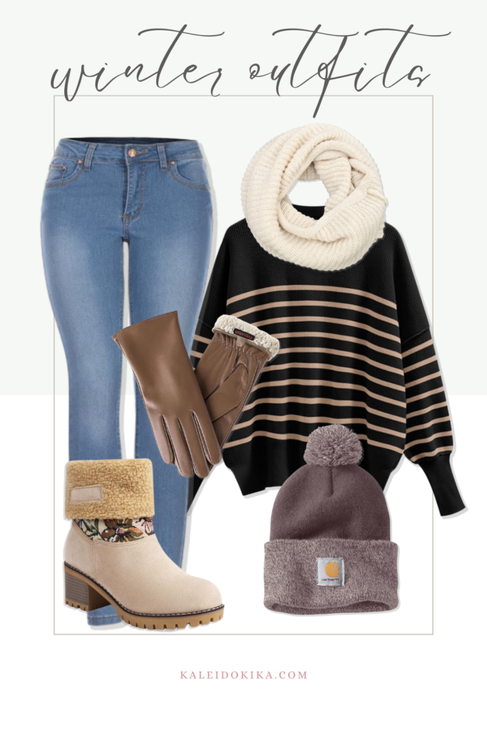 Image of an outfit consisting of an oversize sweater, skinny jeans, a beanie, some fur lined boots, leather gloves and a knit scarf, perfect for winter