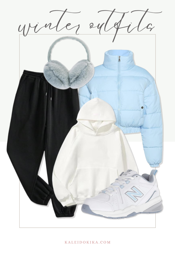 Winter outfit idea with a puffer jacket, a hoodie, a chunky pair of sneakers and joggins