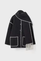 Contrast Trim Wool-blend Coat With Tassel Scarf Black