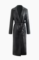 Faux Leather Notched Lapel Belted Trench Coat Black