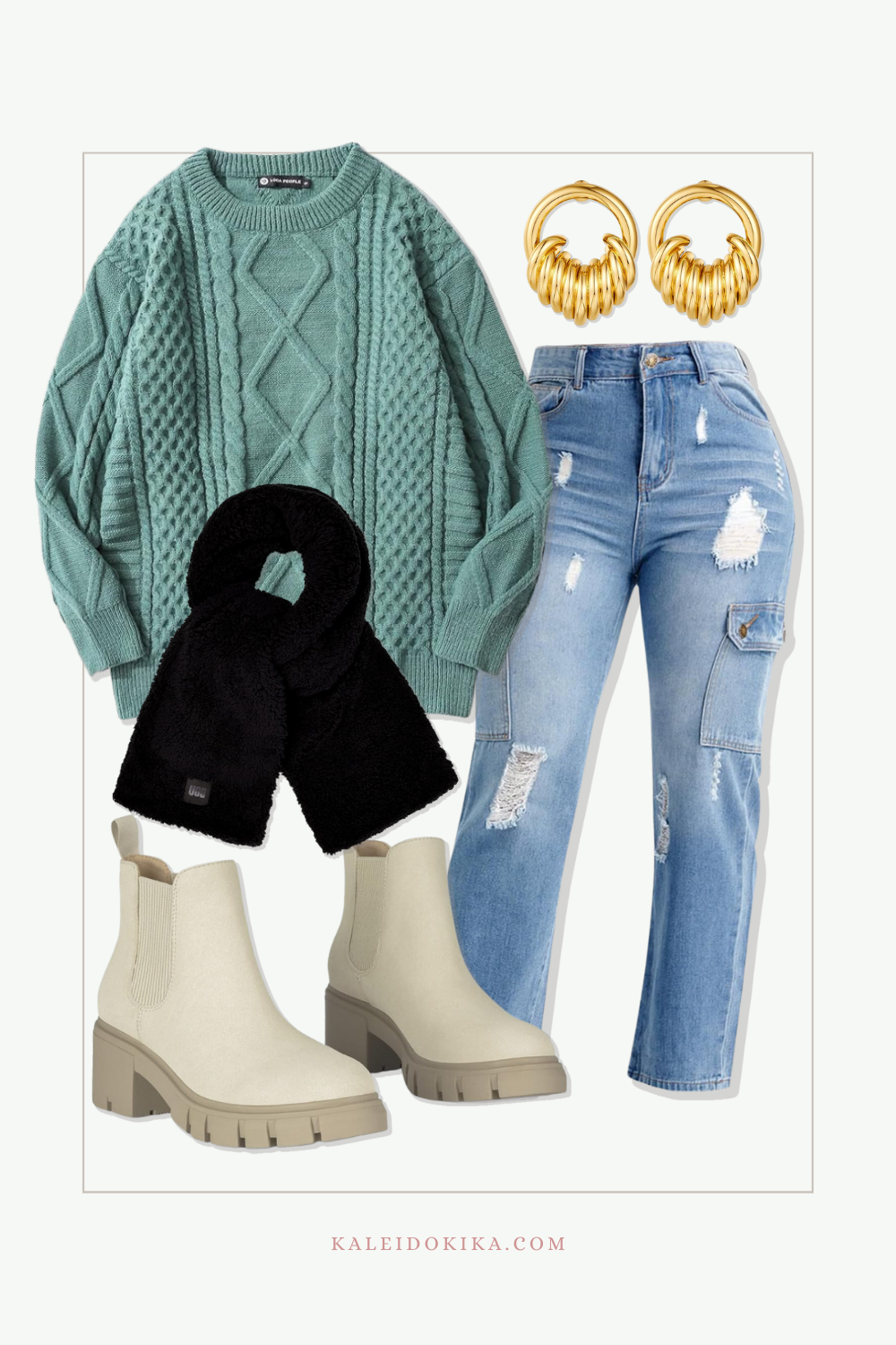 Outfit idea of casual chic style by pairing high-waisted distressed jeans with an oversized knit sweater, ankle boots and accessories