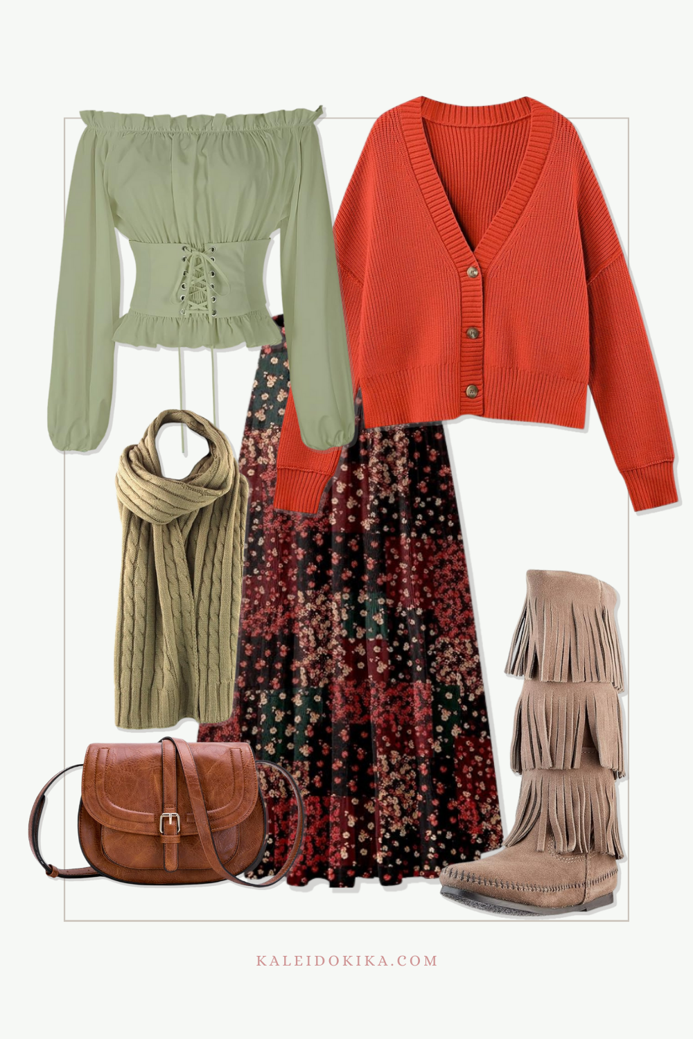 Boho inspired outfit with an off shoulder shirt, a warm kni cardigan, a cute maxi skirt and accessories