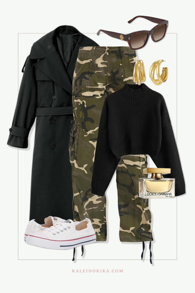 A winter outfit idea with a long coat, cargo pants, a turtleneck knit sweater and accessories