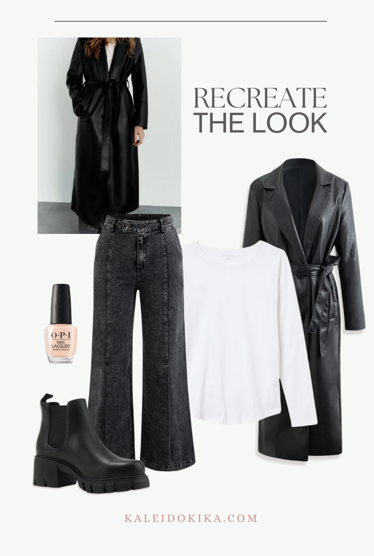 Image showing how to recreate the look of an outfit with a long leather coat, a white crewneck and dark jeans