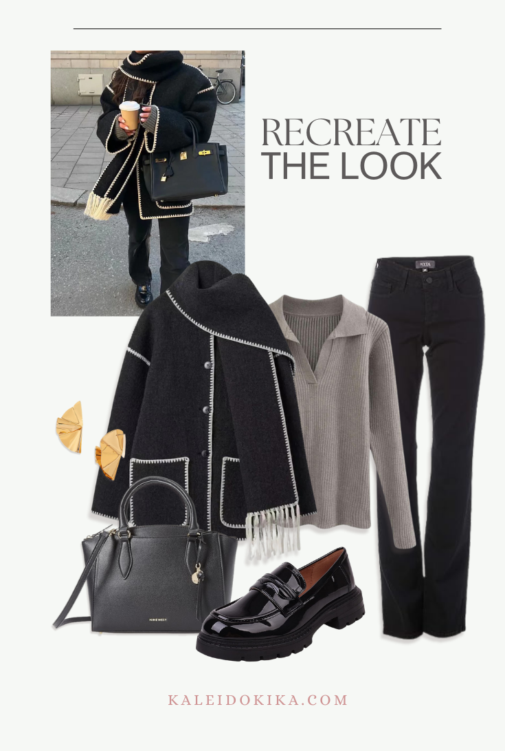 Stylish work winter outfit look with a contrast wool coat, a grey sweater and jeans