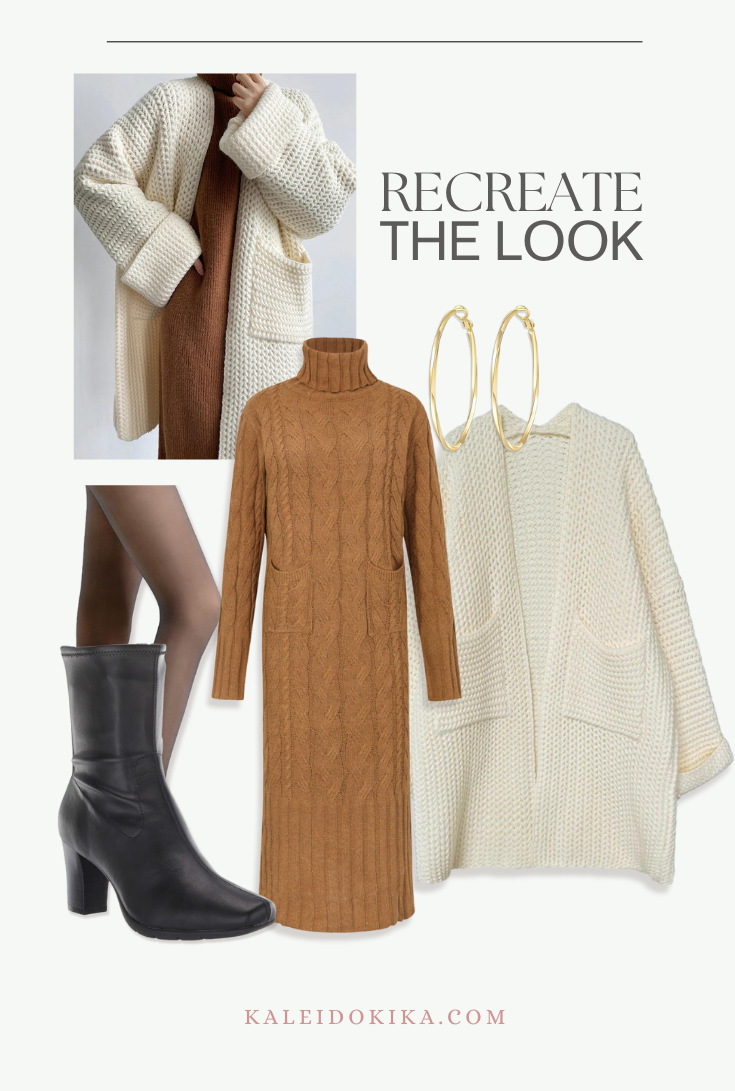 An image showing how to recreate an outfit consiting of a tan knit sweater dress, a big knit cardigan, boots and some accessories