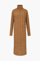 Turtleneck Cable Knit Sweater Dress Tan