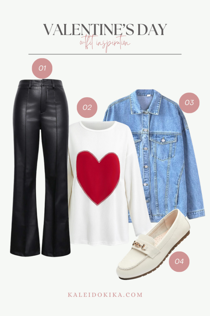 Valentine's Day Outfit Idea with an adorable heart sweater and jean jacket