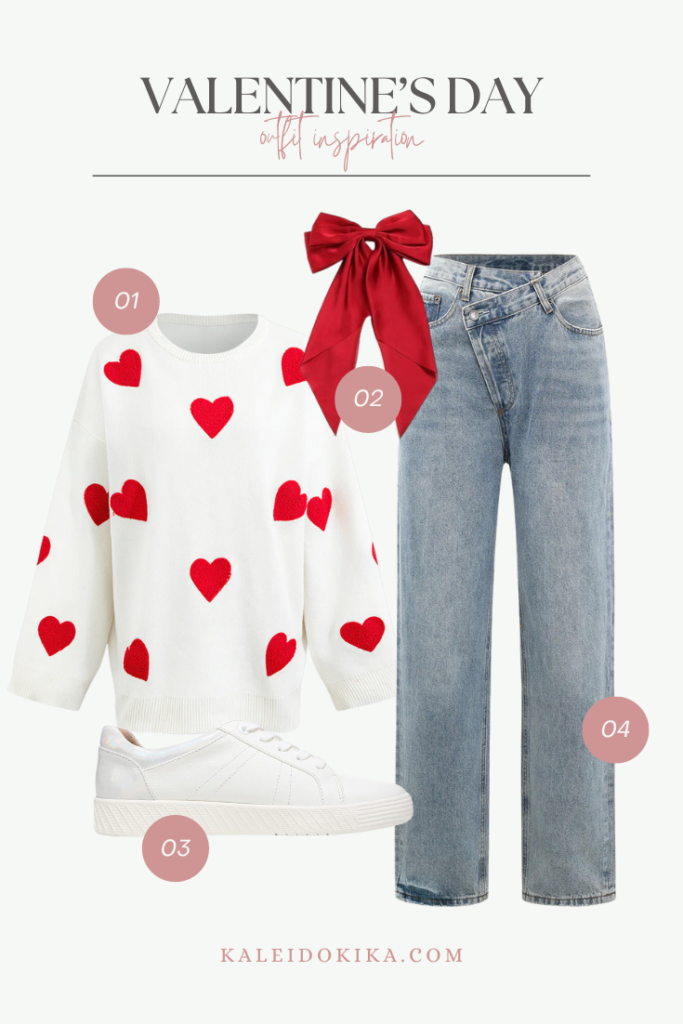 Valentine's Day Outfit Idea with an adorable heart patterned sweatshirt and jeans