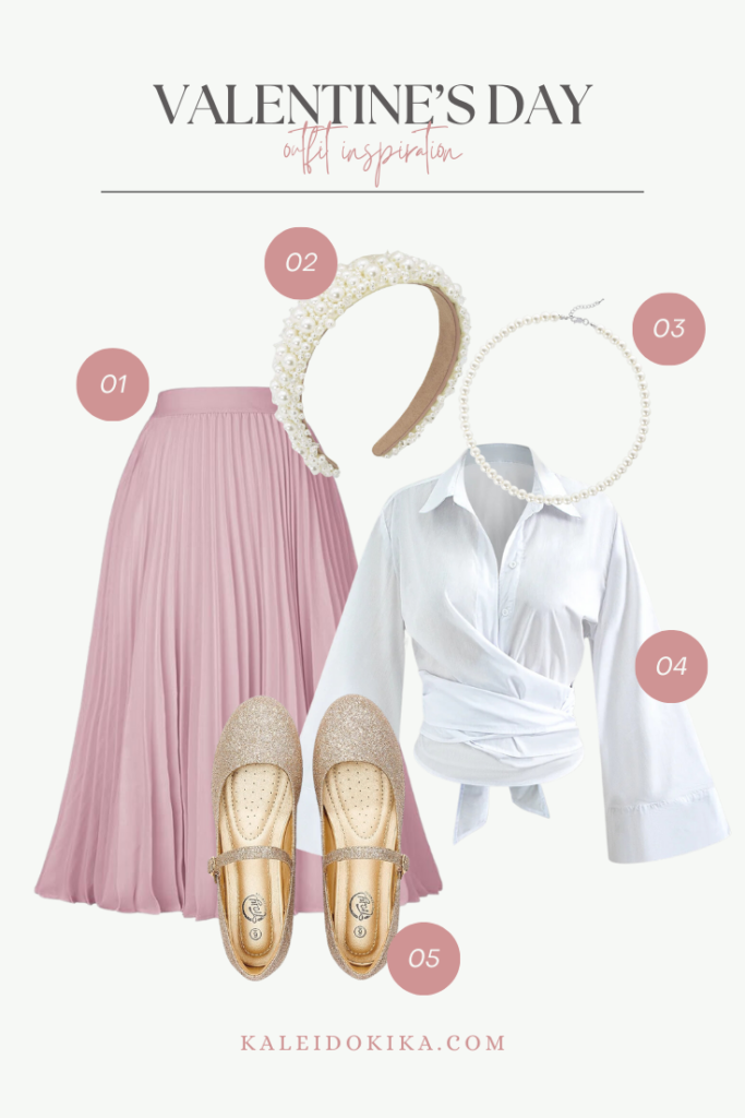 Valentine's Day Outfit Idea with a long pleated skirt and a blouse