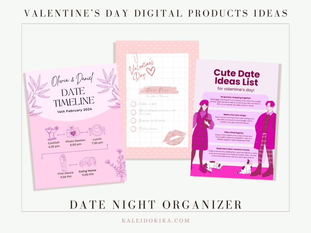 Images showing multiple ideas for a planner for couples to sell digitally on Valentine's Day