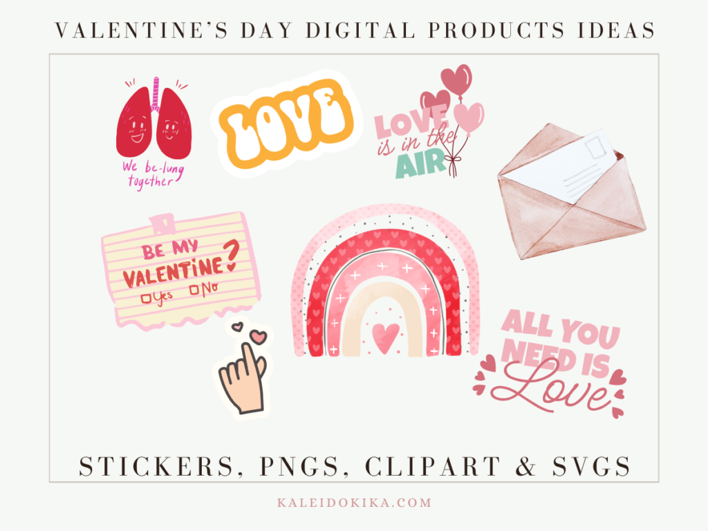 Image showing multiple SVGs, Stickers and other digital products to sell online during Valentine's Day 