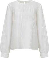 Women's Long Sleeve Tops Pleated Lantern Sleeve Casual Loose Shirts White