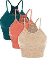 ODODOS Women's Crop 3-Pack Washed Seamless Rib-Knit Camisole Crop Tank Tops Teal Coral Beige