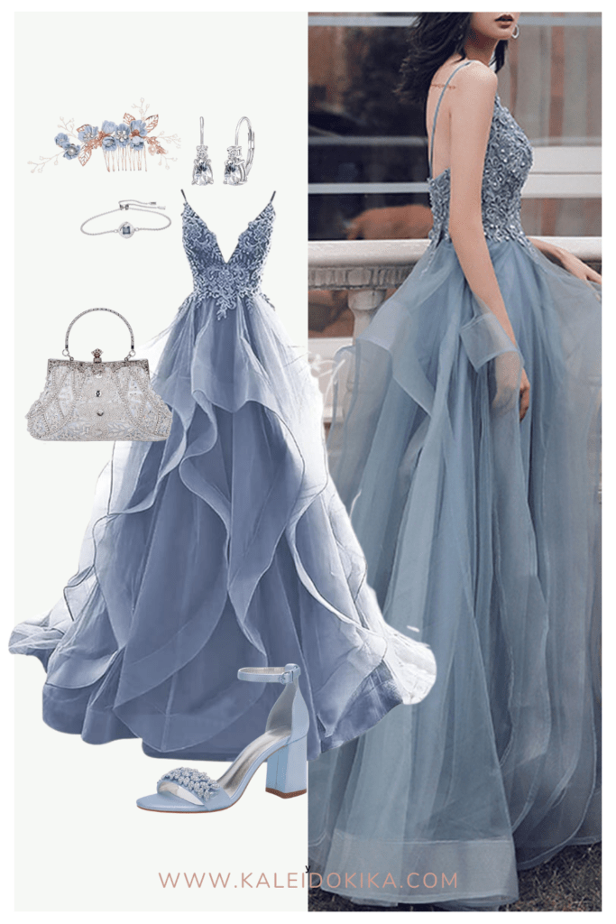 Image of a beautiful dusty blue prom dress with accessories