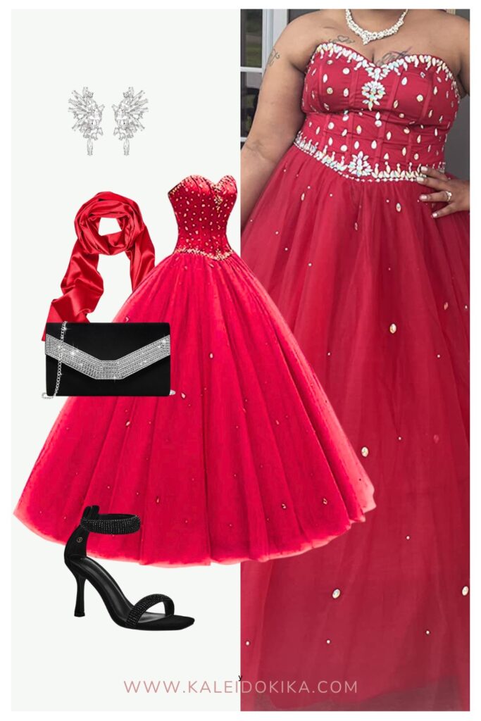 Image showing how to accessorize a red Ball Gown Tulle dress for prom.
