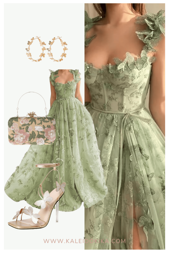 Image of a sage green butterfly prom dress