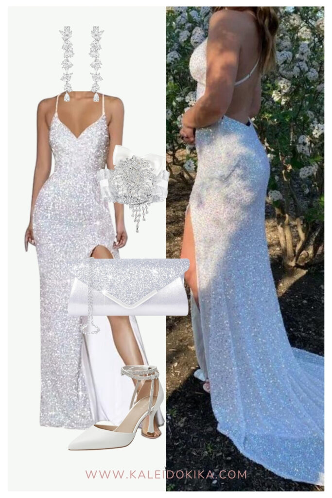 Image of a white spaghetti straps sequin V Neck Mermaid Formal Evening Gown