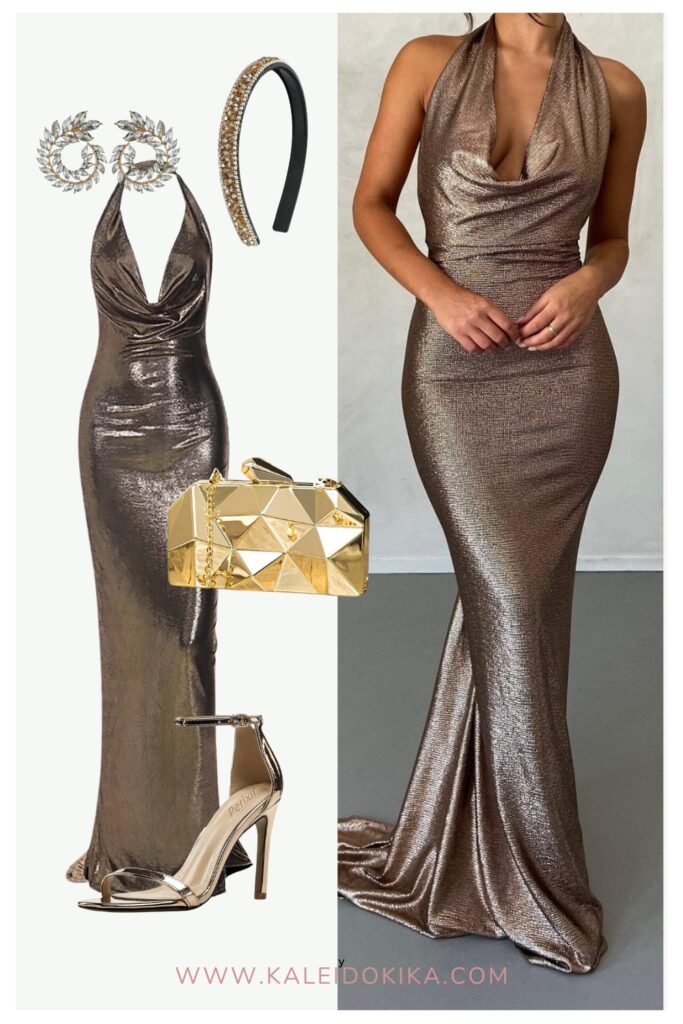Image showing how to style a Champagne Beige Metallic Cowl Neck Halter Backless Maxi Dress for prom