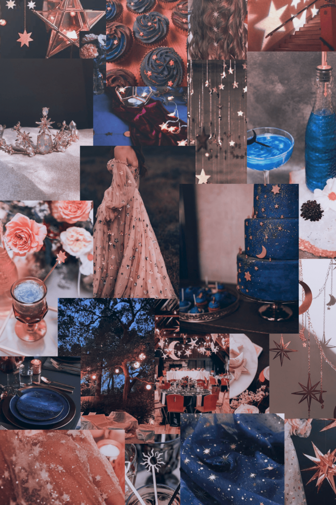 Collage of different images on the dinner party theme “Celestial Soirée"