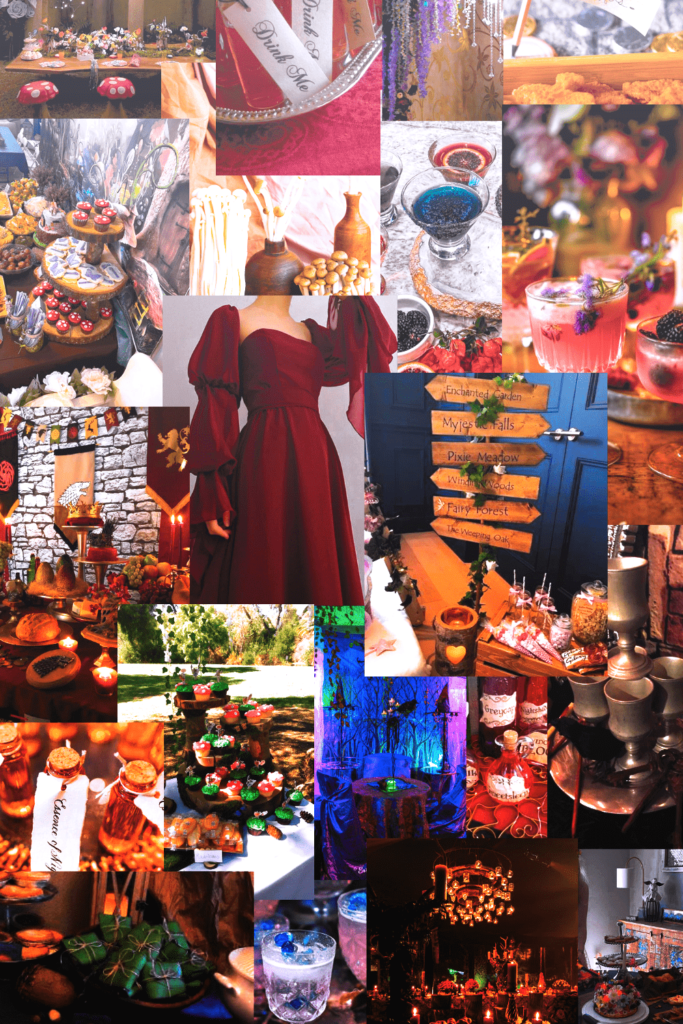 Collage of different images on the dinner party theme “Fantasy"
