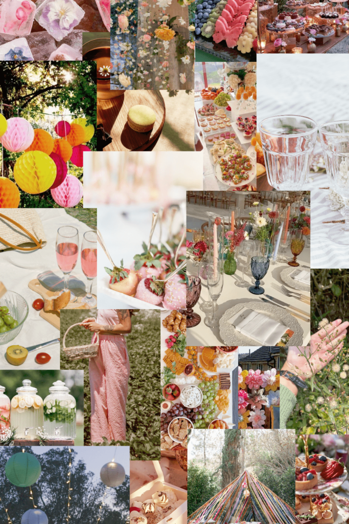 Collage of different images on the dinner party theme “garden party"

