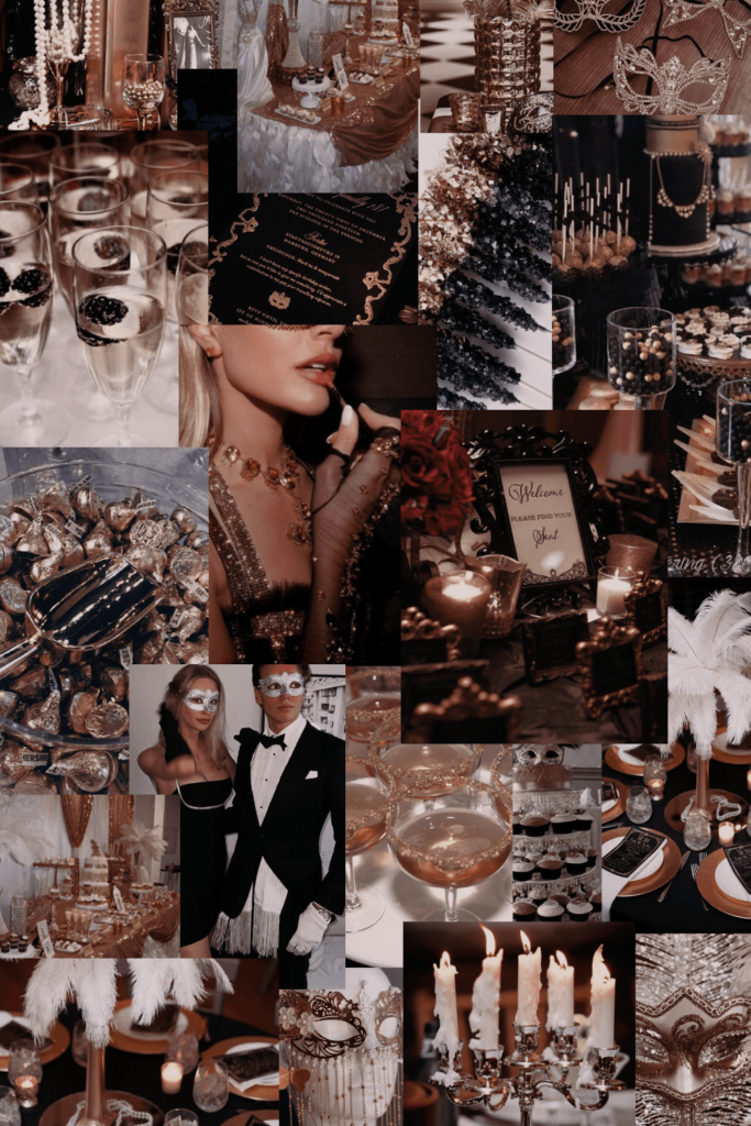 Collage of different images on the dinner party theme “Masquerade"
