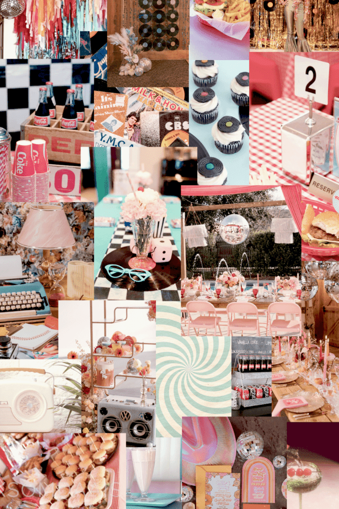 Collage of different images on the dinner party theme “retro"
