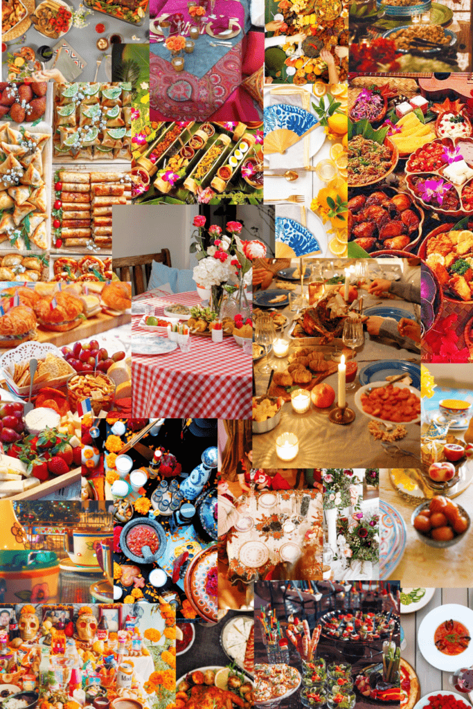 Collage of different images on the dinner party theme “Culinary Exploration"
