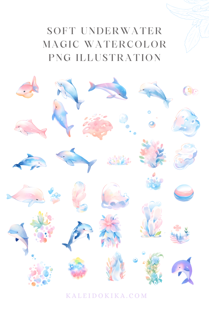 Image showing previews of the "Aquatic Harmony" collection, featuring 33 exquisite soft watercolor PNG clipart illustrations