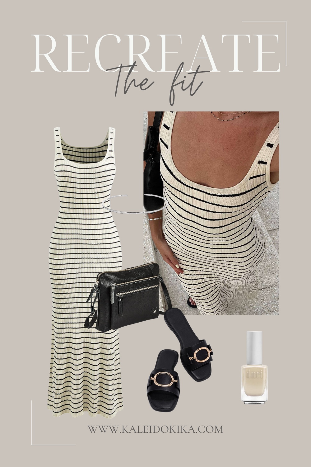 Idea showing how to recreate a spring outfit with a midi striped dress