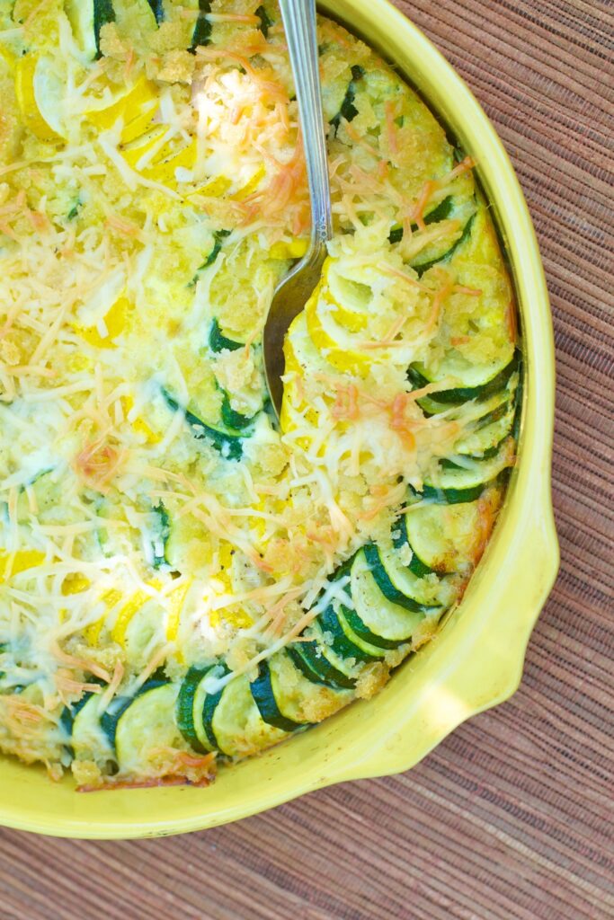 Image of summer squash casserole made in a crockpot perfect for summer