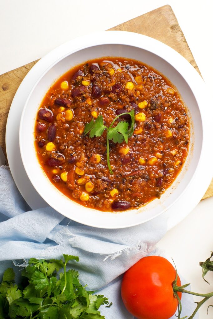 Image of a veggie chili made in a crockpot perfect for summer