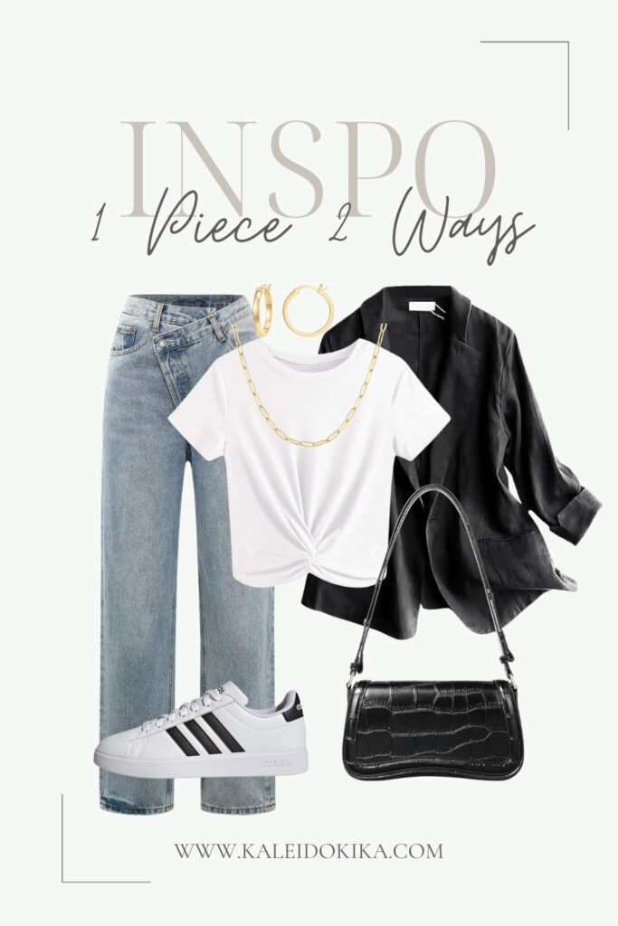 Image showing one way to style an outfit based on a white rounded neck crop top
