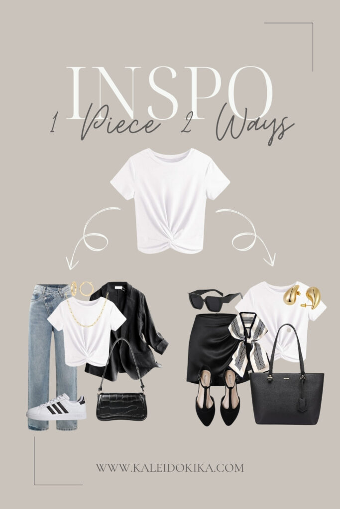 Image showing two ways to style an outfit based on a white rounded neck crop top