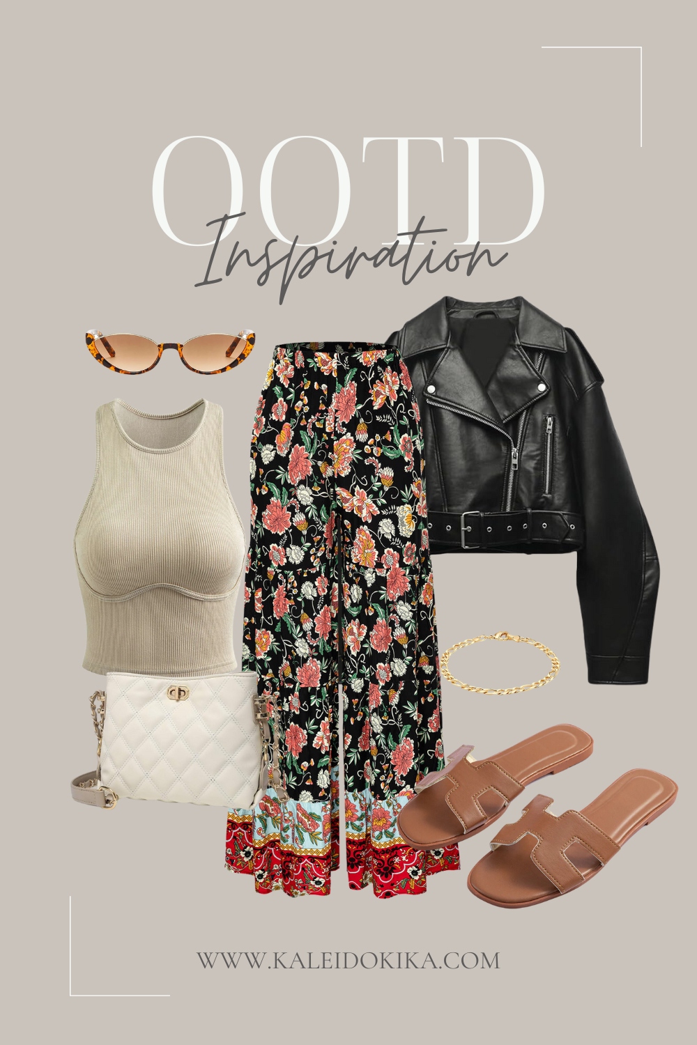 An outfit idea for women with a beige small leather crossbody, leopard cat eye half-rim oval sunglasses, a gold plated chain bracelet, a black leather jacket, a rib-knit beige tank top, floral print wide leg pants and leather sandals