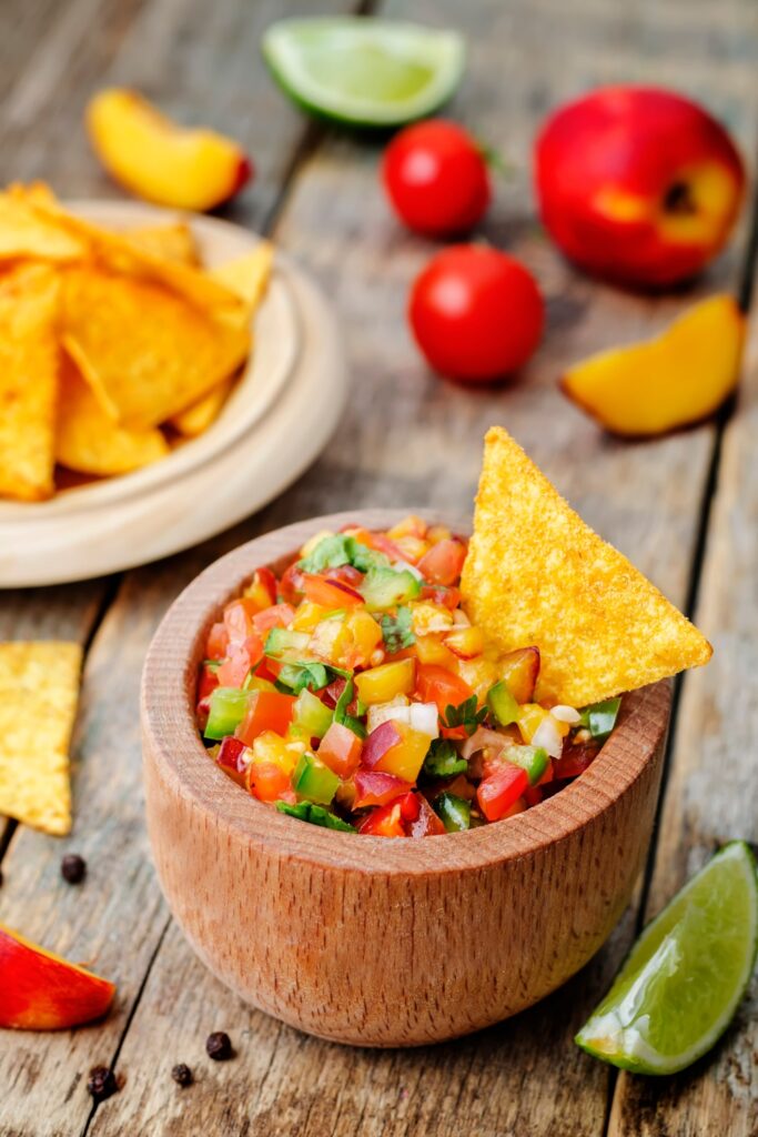 Peach Salsa served with tortilla chips